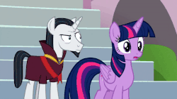 Size: 600x338 | Tagged: safe, screencap, chancellor neighsay, twilight sparkle, alicorn, pony, g4, school daze, animated, cowering, duo, duo male and female, female, male, mare, stallion, twilight sparkle (alicorn)