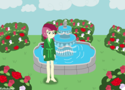 Size: 1057x755 | Tagged: safe, artist:robukun, roseluck, equestria girls, g4, barefoot, clothes, feet, female, flower, fountain, robe, rose, solo