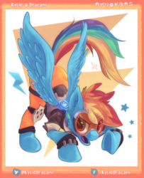 Size: 1665x2053 | Tagged: safe, artist:kyliedracani, rainbow dash, pegasus, pony, g4, analiz sánchez, female, latin american, looking at you, mare, overwatch, rainbow tracer, solo, spread wings, stars, tracer, voice actor joke, wings