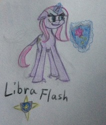 Size: 1738x2048 | Tagged: safe, artist:pumpkinpie59, oc, oc only, oc:libra flash, pony, unicorn, female, magic, mare, next generation, offspring, parent:star tracker, parent:twilight sparkle, parents:twitracker, shield, solo, traditional art