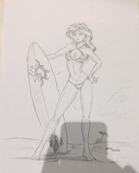 Size: 824x1024 | Tagged: safe, artist:baron engel, sunset shimmer, equestria girls, g4, barefoot, beach, bikini, breasts, clothes, cutie mark, feet, female, monochrome, shadow, solo, surfboard, swimsuit