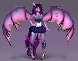 Size: 1280x1000 | Tagged: safe, artist:aimi, oc, oc only, oc:dawn aurora, bat pony, anthro, anthro oc, bat pony oc, breasts, clothes, commission, female, hand on hip, large wings, looking at you, mare, pleated skirt, short shirt, skimpy, skirt, solo, stockings, wings