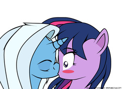 Size: 736x540 | Tagged: safe, artist:dekomaru, artist:raimundo1941, trixie, twilight sparkle, pony, unicorn, g4, duo, female, kiss on the lips, kissing, lesbian, ship:twixie, shipping