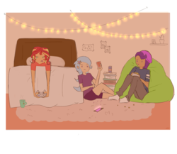 Size: 4621x4008 | Tagged: safe, artist:noahther, starlight glimmer, sunset shimmer, trixie, human, equestria girls, g4, absurd resolution, beanbag chair, beanie, bed, bedroom, cellphone, clothes, controller, female, hat, humanized, pants, phone, shirt, smiling, socks, video game