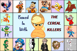 Size: 1800x1202 | Tagged: artist needed, safe, applejack, g4, buzzbee, cap'n crunch, cereal, cookie crisp, count chocula, cover art, danganronpa, dig 'em frog, fanfic, fanfic art, food, fred flintstone, frosted flakes, fruit loops, honey nut cheerios, honeycomb (cereal), lucky, lucky charms, makoto naegi, monokuma, sugar bear, sunny the coco bird, the flintstones, tony the tiger, toucan sam, trix