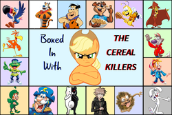 Size: 1800x1202 | Tagged: artist needed, safe, applejack, fanfic:boxed in with the cereal killers, g4, buzzbee, cap'n crunch, cereal, cereal mascot, cocoa puffs, cookie crisp, count chocula, cover art, danganronpa, dig 'em frog, fanfic, fanfic art, food, fred flintstone, frosted flakes, fruit loops, honey nut cheerios, honeycomb (cereal), lucky, lucky charms, makoto naegi, mass crossover, monokuma, rice krispies, snap crackle and pop, sonny the cuckoo bird, sugar bear, the flintstones, tony the tiger, toucan sam, trix, trix rabbit