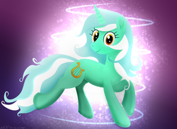 Size: 2943x2160 | Tagged: safe, artist:startledflowerpony, lyra heartstrings, pony, unicorn, g4, abstract background, alternate hairstyle, female, high res, magic, mare, smiling, solo