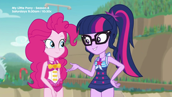 Size: 1280x720 | Tagged: safe, screencap, pinkie pie, sci-twi, twilight sparkle, equestria girls, friendship math, g4, my little pony equestria girls: better together, clothes, duo, duo female, female, swimsuit