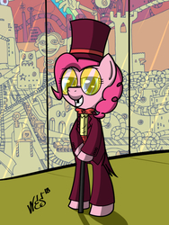 Size: 600x800 | Tagged: safe, artist:nesdoesart, pinkie pie, earth pony, pony, g4, bipedal, cane, clothes, crossover, female, gap teeth, glasses, hat, missing teeth, solo, superjail, the warden, top hat