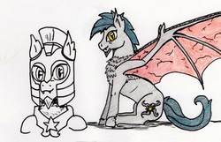 Size: 1113x716 | Tagged: safe, artist:kuroneko, derpibooru exclusive, oc, oc only, oc:burried star, bat pony, pony, bat pony oc, bat wings, chest fluff, colored pencil drawing, male, royal guard, royal guard armor, simple background, solo, spread wings, stallion, traditional art, white background, wings