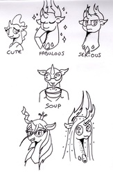 Size: 656x1004 | Tagged: safe, artist:kuroneko, derpibooru exclusive, ocellus, pharynx, queen chrysalis, soupling, thorax, changedling, changeling, g4, school daze, fabulous, female, food, ink drawing, king thorax, king thorax the fabulous, lineart, male, monochrome, prince pharynx, purified chrysalis, simple background, soup, sparkles, traditional art, white background