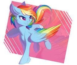 Size: 1921x1621 | Tagged: safe, artist:evehly, rainbow dash, pegasus, pony, g4, abstract background, backwards cutie mark, colored wings, colored wingtips, cute, dashabetes, ear fluff, ear piercing, female, looking sideways, mare, multicolored wings, nose piercing, piercing, rainbow wings, smiling, solo, spread wings, unshorn fetlocks, zoom layer