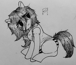 Size: 2134x1836 | Tagged: safe, artist:riggyrag, oc, oc only, oc:floor bored, earth pony, pony, blank flank, chest fluff, clothes, female, grayscale, hoodie, mare, messy mane, monochrome, panties, simple background, sitting, solo, traditional art, underwear