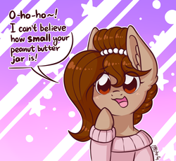 Size: 1280x1180 | Tagged: safe, artist:dsp2003, oc, oc only, oc:brownie bun, earth pony, pony, :3, :3c, abstract background, clothes, comic, dialogue, ear fluff, female, hoof over mouth, mare, open mouth, parody, pop team epic, raised hoof, shaming, single panel, size matters, smiling, solo, stars, sweater, text, wat