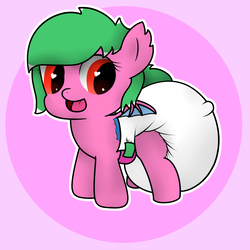 Size: 2500x2500 | Tagged: safe, artist:anonymilk, oc, oc only, oc:lolly crunch, bat pony, pony, baby, baby pony, bat pony oc, cute, diaper, diaper inflation, female, filly, foal, high res, impossibly large diaper, inflatable diaper, poofy diaper