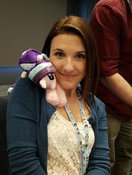 Size: 1080x1440 | Tagged: safe, artist:kazzysart, starlight glimmer, human, pony, unicorn, g4, babscon, babscon 2018, cute, female, glimmerbetes, irl, irl human, kelly sheridan, looking at you, mare, photo, plushie, smiling, voice actor