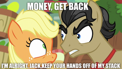 Size: 1280x720 | Tagged: safe, edit, edited screencap, screencap, applejack, filthy rich, pony, g4, where the apple lies, angry, lyrics, meme, money, pink floyd, song reference, teenage applejack, teenager, text