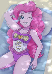 Size: 2728x3897 | Tagged: safe, artist:sumin6301, pinkie pie, equestria girls, equestria girls series, forgotten friendship, g4, arm behind head, armpits, beach, breasts, clothes, female, high res, looking at you, on back, one eye closed, one-piece swimsuit, smiling, solo, swimsuit, towel, wink
