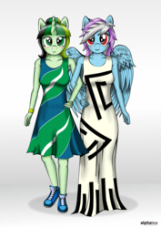 Size: 3521x4984 | Tagged: safe, artist:cakonde, oc, oc only, oc:camellia yasmina, oc:rave infinity, pegasus, unicorn, anthro, plantigrade anthro, anthro oc, casual, clothes, cute, dress, duet, female, mare, pegasus wings, rule 63, shipping, shoes, sneakers, standing