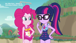 Size: 1280x720 | Tagged: safe, screencap, pinkie pie, sci-twi, twilight sparkle, equestria girls, friendship math, g4, my little pony equestria girls: better together, clothes, duo, duo female, female, geode of sugar bombs, geode of telekinesis, magical geodes, one-piece swimsuit, swimsuit