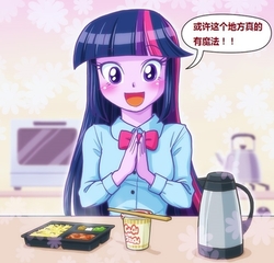 Size: 360x346 | Tagged: safe, artist:uotapo, twilight sparkle, equestria girls, g4, chinese, chopsticks, female, food, hands together, kitchen, looking at you, solo