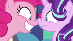 Size: 1920x1080 | Tagged: safe, screencap, pinkie pie, starlight glimmer, g4, the maud couple, boop, discovery family logo, noseboop