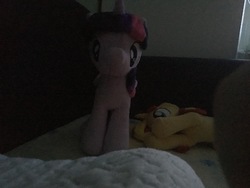 Size: 4032x3024 | Tagged: safe, sunset shimmer, twilight sparkle, alicorn, pony, g4, 4de, bed, dark, irl, looking at you, photo, pillow, plushie, she knows, twilight sparkle (alicorn)