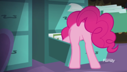 Size: 1920x1080 | Tagged: safe, screencap, pinkie pie, earth pony, pony, g4, the maud couple, balloonbutt, butt, discovery family logo, drawer, female, mare, plot, solo