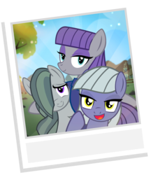 Size: 965x1100 | Tagged: safe, artist:pixelkitties, limestone pie, marble pie, maud pie, earth pony, pony, g4, cute, female, limabetes, marblebetes, mare, maudabetes, national selfie day, photo, pie sisters, show accurate, siblings, sisters, smiling, song in the description, when she smiles