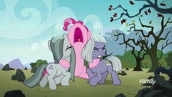 Size: 1920x1080 | Tagged: safe, screencap, limestone pie, marble pie, pinkie pie, earth pony, pony, g4, the maud couple, crying, discovery family logo, epic fountain of tears, eyes closed, female, ocular gushers, pie sisters, siblings, sisters, trio