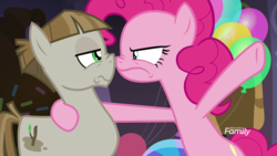 Size: 1920x1080 | Tagged: safe, screencap, mudbriar, pinkie pie, earth pony, pony, g4, the maud couple, angry, boop, discovery family logo, duo, female, looking at each other, male, mare, nose wrinkle, noseboop, stallion
