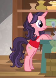 Size: 589x820 | Tagged: safe, screencap, jiffy bake, pony, unicorn, g4, the maud couple, background pony, bipedal, bipedal leaning, clothes, cropped, female, leaning, mare, rachael ray, shopkeeper, solo, vest
