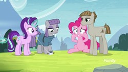 Size: 1920x1080 | Tagged: safe, screencap, boulder (g4), maud pie, mudbriar, pinkie pie, starlight glimmer, earth pony, pony, unicorn, g4, the maud couple, discovery family logo, female, kite, male, mare, pie sisters, ship:maudbriar, shipping, siblings, sisters, stallion, straight