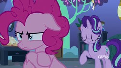 Size: 1920x1080 | Tagged: safe, screencap, pinkie pie, starlight glimmer, pony, g4, the maud couple, discovery family logo, duo, peeved