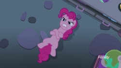 Size: 1920x1080 | Tagged: safe, screencap, pinkie pie, earth pony, pony, g4, the maud couple, crossed arms, discovery family logo, gritted teeth, lying down, lying on the ground, peeved, pouting, solo