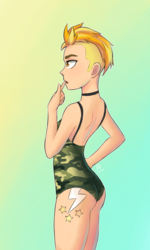 Size: 1200x2000 | Tagged: safe, artist:rezierre, lightning dust, human, g4, camouflage, clothes, female, humanized, one-piece swimsuit, open-back swimsuit, solo, swimsuit