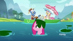 Size: 1920x1080 | Tagged: safe, screencap, pinkie pie, pokey pierce, swan song, pony, unicorn, g4, my little pony: friendship is magic, the maud couple, boat, clothes, discovery family logo, guitar, lilypad, umbrella, water, wet mane, wet mane pinkie pie