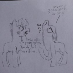Size: 2236x2236 | Tagged: safe, artist:rbd9510, mudbriar, earth pony, pony, g4, the maud couple, bruised, dialogue, grayscale, high res, male, monochrome, no tail, pencil drawing, stallion, technically, that was fast, traditional art