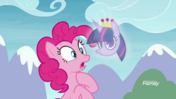 Size: 1920x1080 | Tagged: safe, screencap, pinkie pie, twilight sparkle, alicorn, earth pony, pony, g4, the maud couple, crown, discovery family logo, floating head, hallucination, i never learned to read, jewelry, pac-man eyes, regalia, twilight sparkle (alicorn)