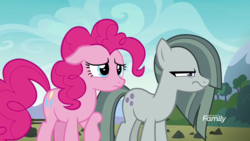 Size: 1920x1080 | Tagged: safe, screencap, marble pie, pinkie pie, earth pony, pony, g4, the maud couple, angry, cute, discovery family logo, duo, female, floppy ears, frown, glare, marble pie is not amused, mare, raised hoof, sisters, unamused