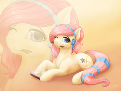 Size: 1024x768 | Tagged: safe, artist:novaintellus, oc, oc only, oc:bloom flower, earth pony, pony, bento, chest fluff, chopsticks, commission, egg (food), female, food, gradient background, headband, looking at you, lying down, mare, mouth hold, noodles, one eye closed, prone, ramen, smiling, solo, tail band, tofu (food), wink, zoom layer