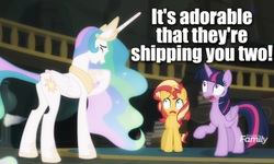 Size: 648x390 | Tagged: safe, edit, edited screencap, editor:cipherrage0909, screencap, princess celestia, sunset shimmer, twilight sparkle, alicorn, pony, unicorn, equestria girls, equestria girls specials, g4, my little pony equestria girls: better together, my little pony equestria girls: forgotten friendship, celestia the shipper, female, horn, laughing, lesbian, mare, ship:sunsetsparkle, shipper on deck, shipping, text edit, twilight sparkle (alicorn)