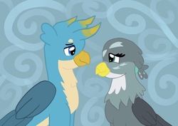 Size: 1337x949 | Tagged: safe, artist:annabear1211, gabby, gallus, griffon, g4, season 8, abstract background, cute, duo, female, gabbus, gabbybetes, gallabetes, looking at each other, male, shipping, straight