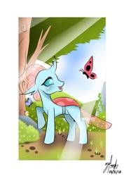 Size: 820x1160 | Tagged: safe, artist:markvoid21, ocellus, butterfly, changedling, changeling, g4, school daze, crepuscular rays, female, open mouth, scenery, signature, solo