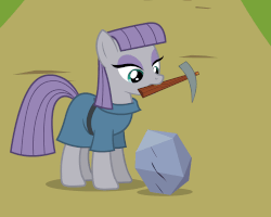 Size: 1000x800 | Tagged: safe, screencap, maud pie, earth pony, pony, g4, season 8, animated, cartoon physics, earth pony magic, female, gif, intro, mare, maud being maud, mouth hold, pickaxe, rock, sculpture, solo, theme song, wat