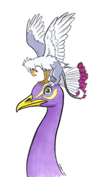 Size: 545x1000 | Tagged: safe, artist:rgibson, oc, oc only, oc:der, oc:gyro tech, bird, griffon, peacock, duo, male, micro, simple background, species swap, traditional art