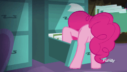 Size: 960x540 | Tagged: safe, screencap, pinkie pie, earth pony, pony, g4, season 8, the maud couple, animated, balloonbutt, butt, butt focus, butt shake, discovery family logo, female, file cabinet, gif, mare, party cave, plot, solo