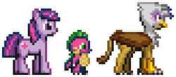 Size: 328x144 | Tagged: safe, artist:kelvin shadewing, gilda, spike, twilight sparkle, dragon, griffon, pony, unicorn, g4, pixel art, simple background, sprite, sticker, transparent background