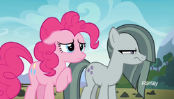 Size: 1072x608 | Tagged: safe, screencap, marble pie, pinkie pie, earth pony, pony, g4, the maud couple, angry, cute, discovery family logo, duo, female, glare, marble pie is not amused, raised hoof, sisters