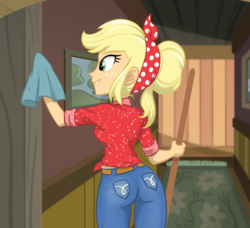 Size: 900x820 | Tagged: safe, artist:ta-na, applejack, equestria girls, five to nine, g4, my little pony equestria girls: better together, applebutt, ass, broom, butt, clothes, female, jeans, pants, shirt, solo